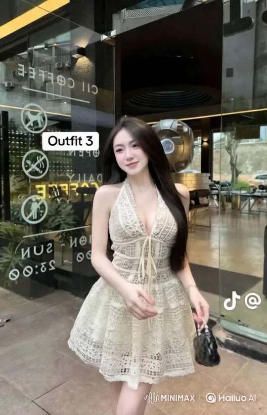 Young Woman Showcases Lace Dress in Modern Coffee Shop Setting – AI Generated Video | Hailuo AI