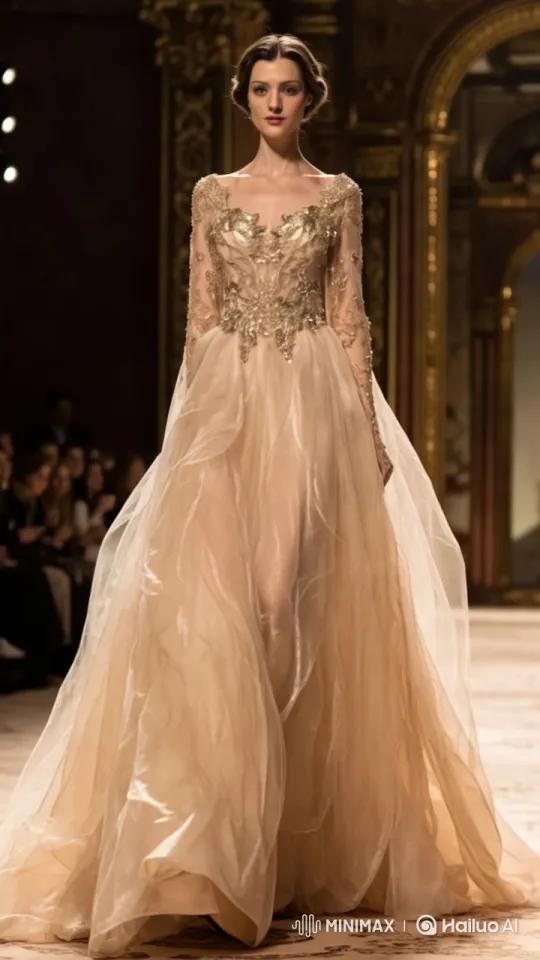 Naomi Campbell-Inspired Model Struts in Gold-Embellished Gown – AI Generated Video | Hailuo AI