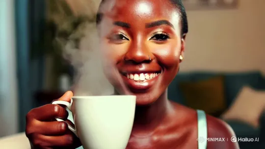 Radiant Nigerian Lady Enjoys Morning Coffee – AI Generated Video | Hailuo AI