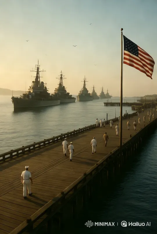 Patriotic Serenity: Men Walk on Pier Amidst Nature's Calm – AI Generated Video | Hailuo AI
