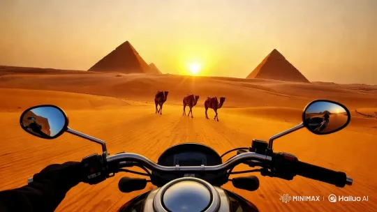 Desert Ride: Rider, Camels, Pyramids at Sunset – AI Generated Video | Hailuo AI