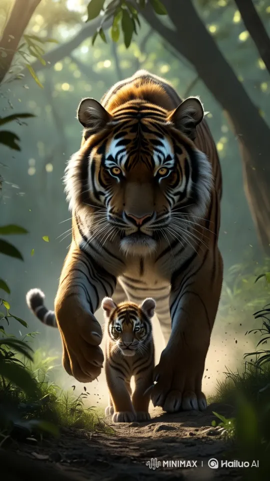 Tiger and Cub's Journey Through a Majestic Forest – AI Generated Video | Hailuo AI