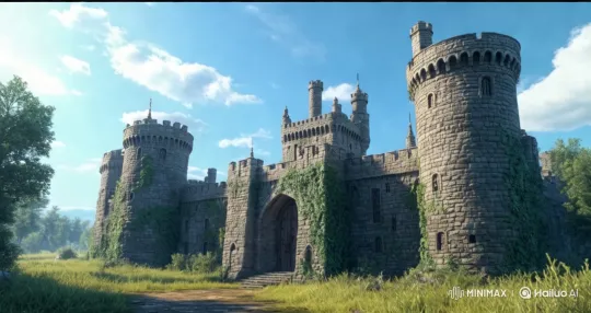 Whimsical Cat in Cowboy Hat Approaches Majestic Castle – AI Generated Video | Hailuo AI