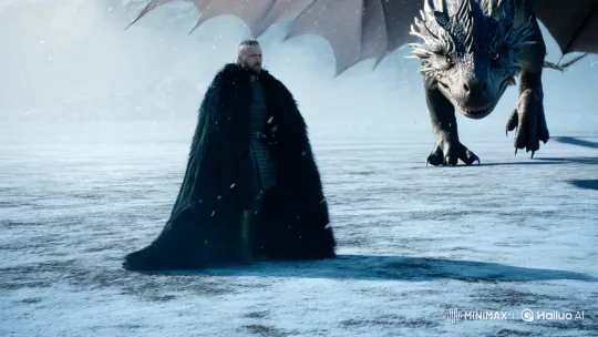 Warrior Faces Majestic Dragon on Snowy Battlefield – AI Generated Video | Hailuo AI