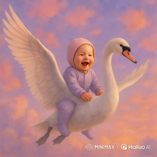 Baby on Swan: Aerial Serenity in Pastel Sky – AI Generated Video | Hailuo AI