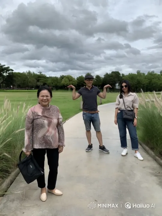 Joyful Park Scene with Three Individuals – AI Generated Video | Hailuo AI
