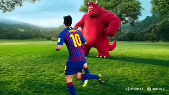 Lionel Messi and Red Monster's Joyful Game in Lush Field – AI Generated Video | Hailuo AI