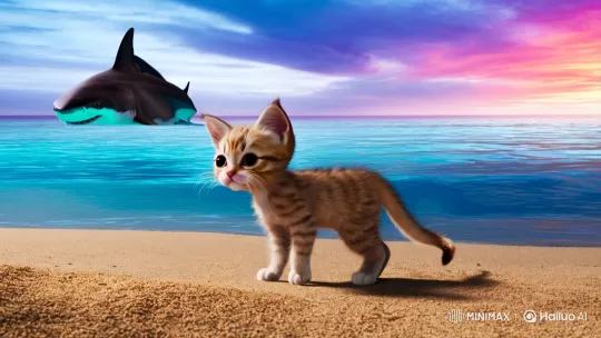 Tiny Kitten Faces Off Against Looming Shark – AI Generated Video | Hailuo AI