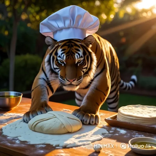 Tiger Chef Bakes Dough in Serene Garden – AI Generated Video | Hailuo AI