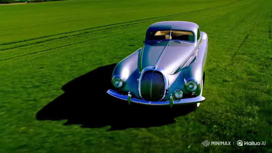 Vintage Car Showcased in Expansive Sunlit Landscape – AI Generated Video | Hailuo AI
