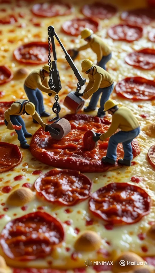 Miniature Construction Crew Crafts Giant Pizza Art – AI Generated Video | Hailuo AI