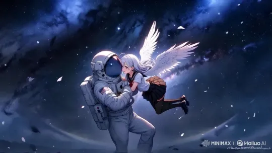 Astronaut and Angel Embrace in Cosmic Serenity – AI Generated Video | Hailuo AI