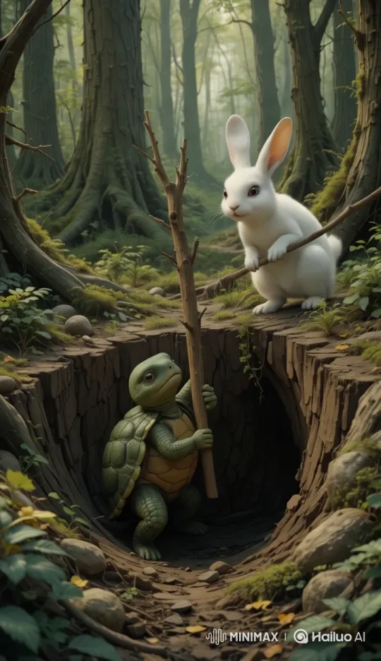Resilient Turtle Escapes Pit with Rabbit's Help – AI Generated Video | Hailuo AI