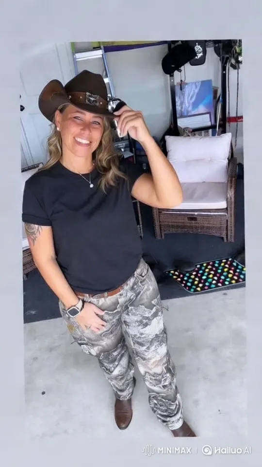 Woman in Garage: Cowboy Hat and Aesthetic Framing – AI Generated Video | Hailuo AI