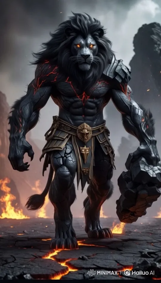 Powerful Lion Creature Walks Through Fiery Volcanic Landscape – AI Generated Video | Hailuo AI