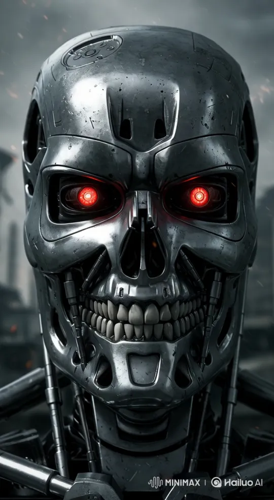 Futuristic Robot Head Blinking in Industrial Setting – AI Generated Video | Hailuo AI