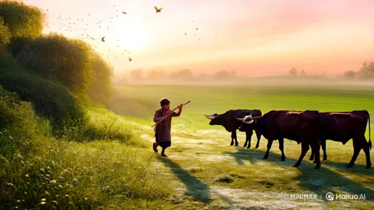 Shepherd Protects Cows from Tigers Amidst Morning Serenity – AI Generated Video | Hailuo AI