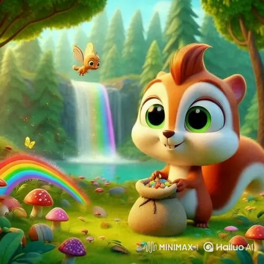 Cheerful Chipmunks in Rainbow Forest Gather Stardust – AI Generated Video | Hailuo AI