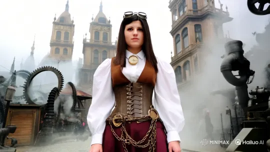 Steampunk-Inspired Cityscape with Determined Woman – AI Generated Video | Hailuo AI