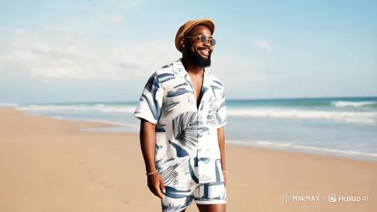 Beach Stroll: Man in Floral Shirt and Casual Style – AI Generated Video | Hailuo AI