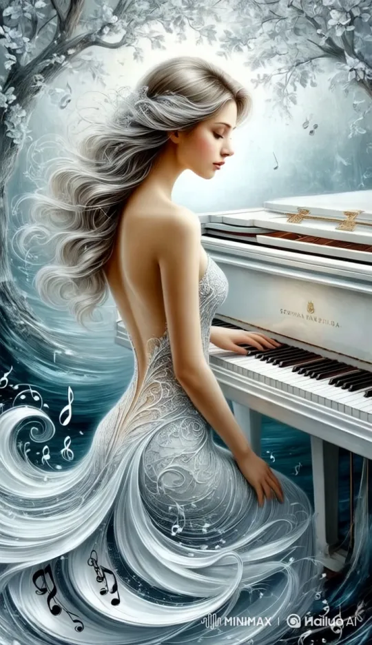 Elegant Girl Plays Piano in Dreamy Forest Setting – AI Generated Video | Hailuo AI