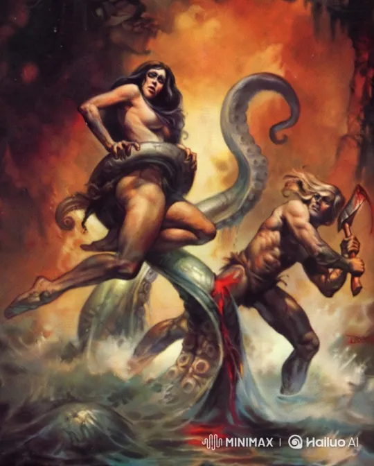 Barbarian Hero Battles Sea Monster in Epic Fantasy Scene – AI Generated Video | Hailuo AI