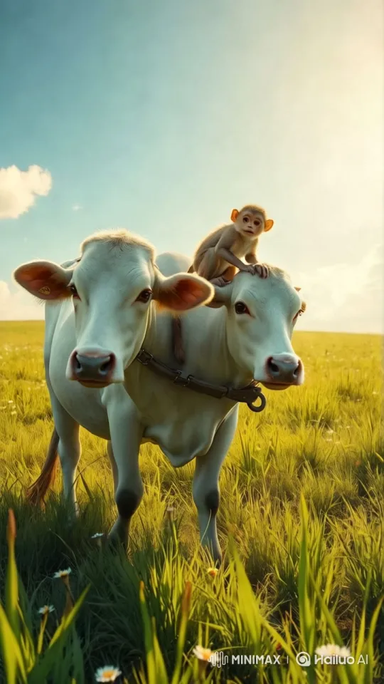 Peaceful Pastoral Scene: Cows and Monkey in Serenity – AI Generated Video | Hailuo AI