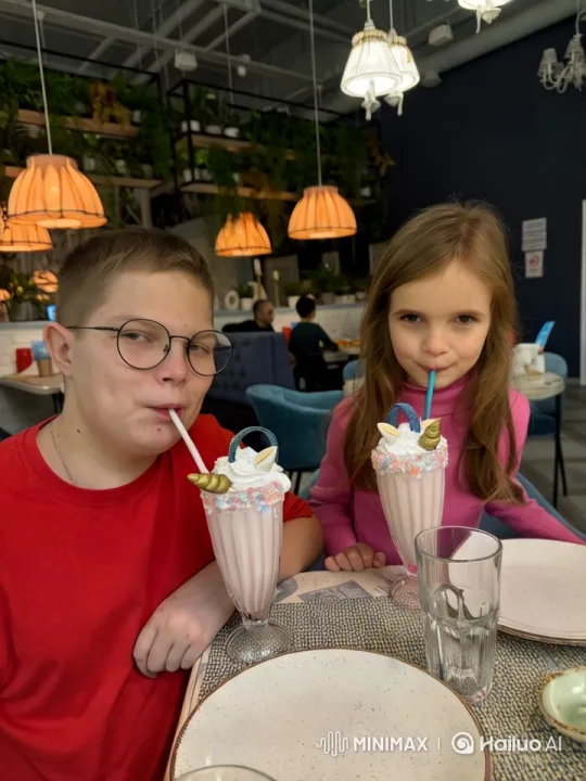 Joyful Children Enjoying Milkshakes in Cozy Café – AI Generated Video | Hailuo AI