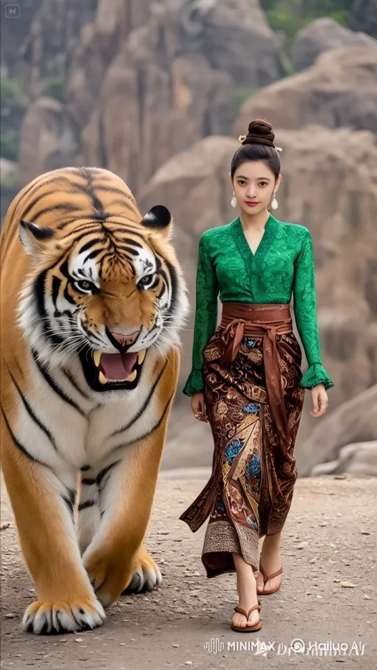 Woman in Green Kebaya Walks with Majestic Tiger – AI Generated Video | Hailuo AI