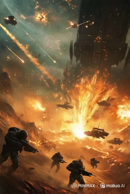 Chaotic Battlefield: Soldiers Escape Fire Amid Space Combat – AI Generated Video | Hailuo AI