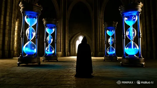 Mysterious Blue-Lit Hourglasses in Dark Castle Hall – AI Generated Video | Hailuo AI