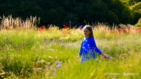 Graceful Girl in Sunlit Meadow Tracking Shot – AI Generated Video | Hailuo AI