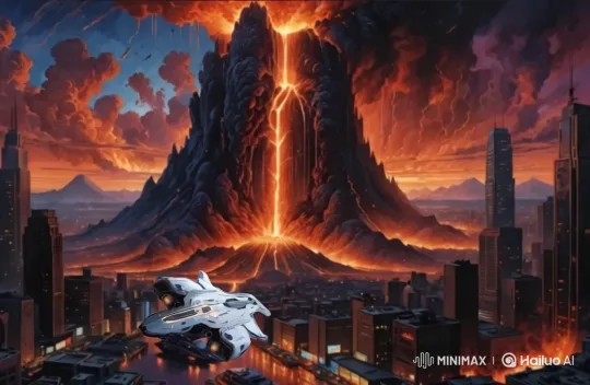 Futuristic Cityscape with Erupting Volcano and Ascending Spaceship – AI Generated Video | Hailuo AI
