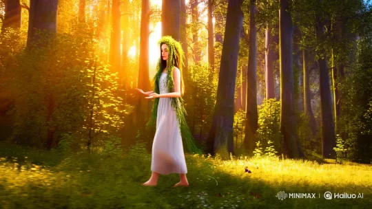 Enchanted Forest Walk: Serene Woman Amidst Nature's Splendor – AI Generated Video | Hailuo AI