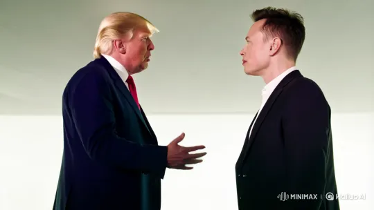 Minimalist Confrontation: Trump vs. Musk in Dramatic Film Sequence – AI Generated Video | Hailuo AI