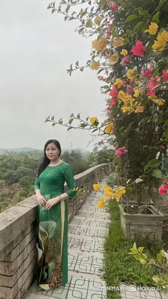 Woman in Green Dress Amidst Flower-Laden Landscape – AI Generated Video | Hailuo AI
