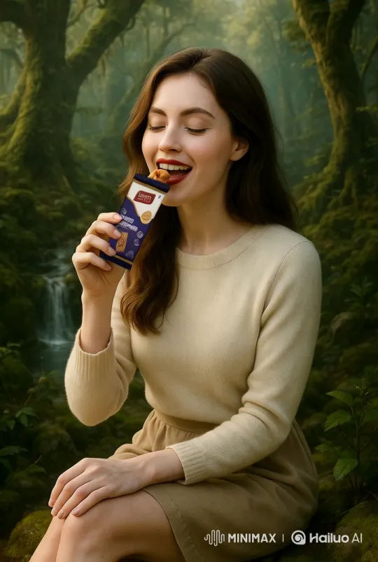 Woman Enjoying Chikki in Tranquil Forest Setting – AI Generated Video | Hailuo AI