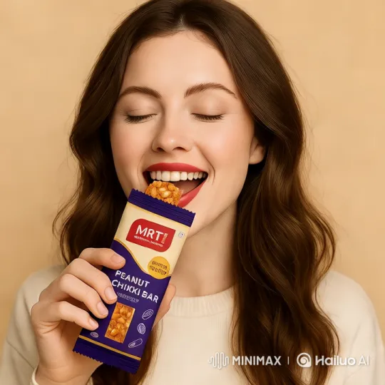 Woman Enjoying Peanut Chikki in Aesthetic Setting – AI Generated Video | Hailuo AI