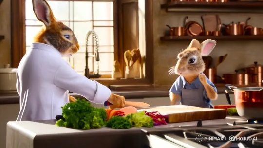 Rabbit Chefs Craft Culinary Art in Rustic-Modern Kitchen – AI Generated Video | Hailuo AI