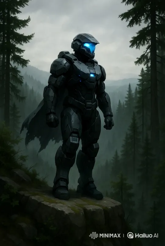 Futuristic Warrior Stands Watch in Foggy Forestscape – AI Generated Video | Hailuo AI