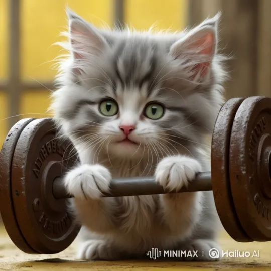 Fluffy Kitten Attempts Deadlifts with Determination – AI Generated Video | Hailuo AI