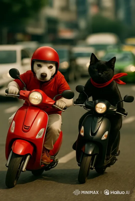Dog and Cat Race on Scooters Through City – AI Generated Video | Hailuo AI