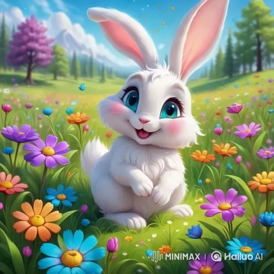Cute Bunny Interacts in a Vibrant Meadow Wonderland – AI Generated Video | Hailuo AI