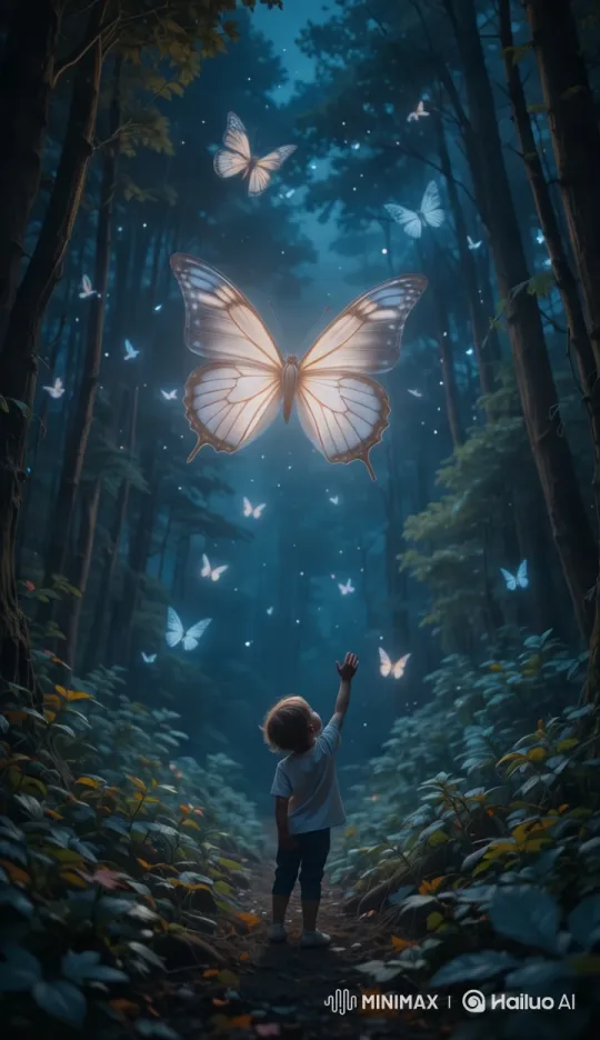 Child Reaches for Glowing Butterflies in Enchanted Forest – AI Generated Video | Hailuo AI