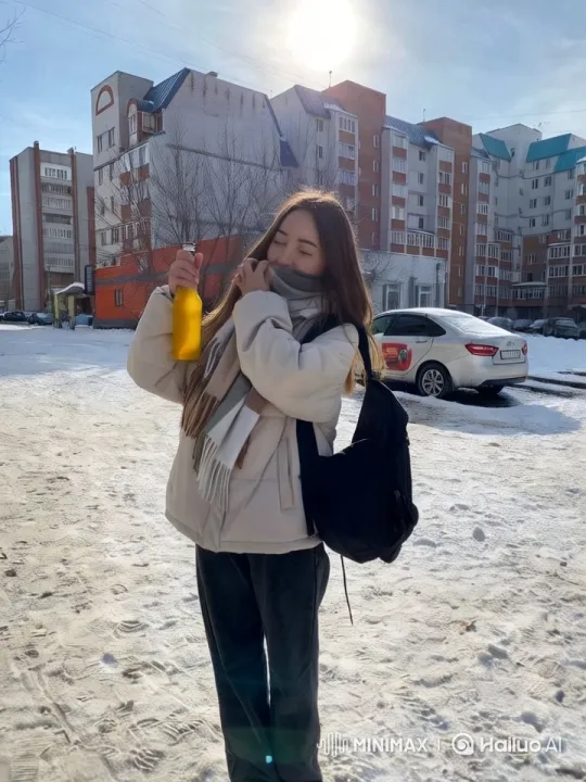 Young Woman Enjoying Beer in Snowy Cityscape – AI Generated Video | Hailuo AI