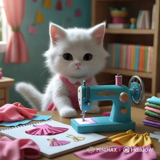 Creative Kitten Designs Dresses in Cozy Room – AI Generated Video | Hailuo AI