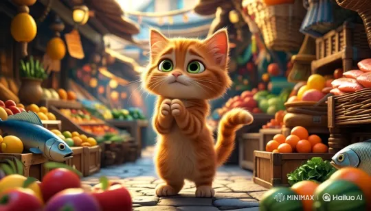 Emotional Kitten in Bustling Market Scene – AI Generated Video | Hailuo AI
