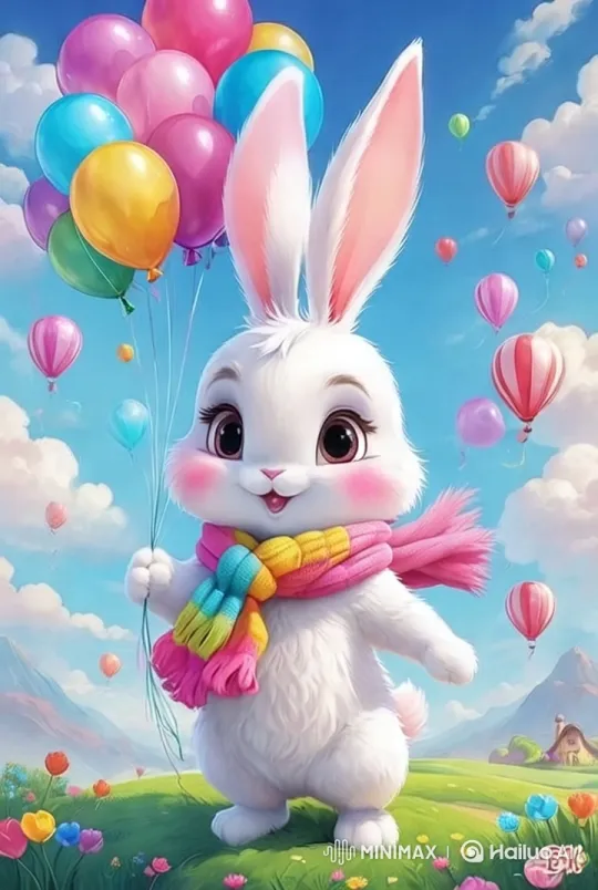 Cute Bunny with Balloons in Colorful Sky – AI Generated Video | Hailuo AI