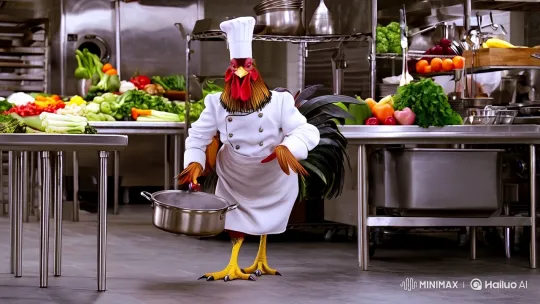 Chef Rooster Showcases Culinary Skill in Bustling Kitchen – AI Generated Video | Hailuo AI