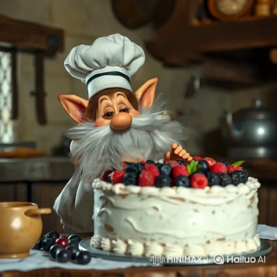 Whimsical Chef Adorns Cake with Berries in Rustic Kitchen – AI Generated Video | Hailuo AI